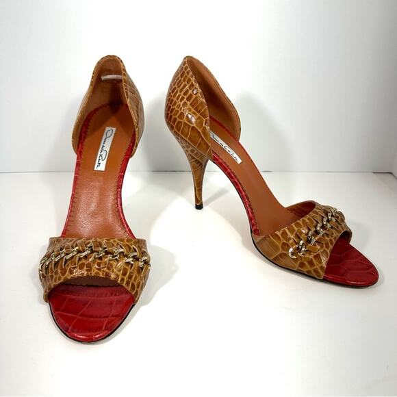 Oscar de la Renta Red and Tan Croc Heels - Picture 2 of 14